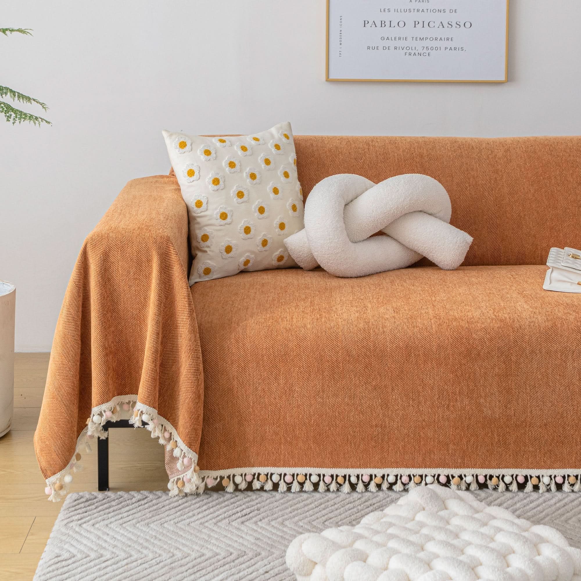 Capa de Sofá Espinha de Peixe com Franjas Pet-Friendly Estilo Boho Luxo