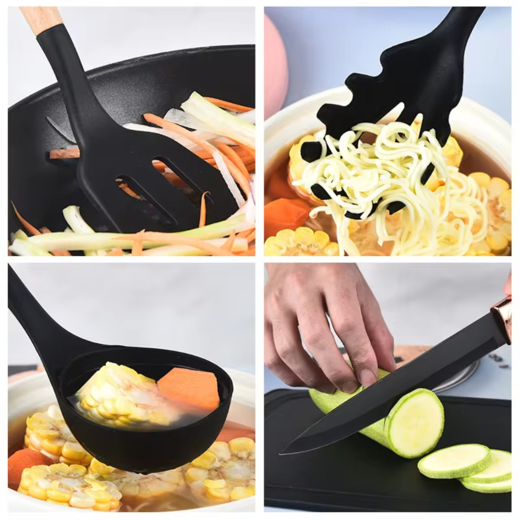 Kit Utensílios Cozinha Silicone e Bambu 12 Peças