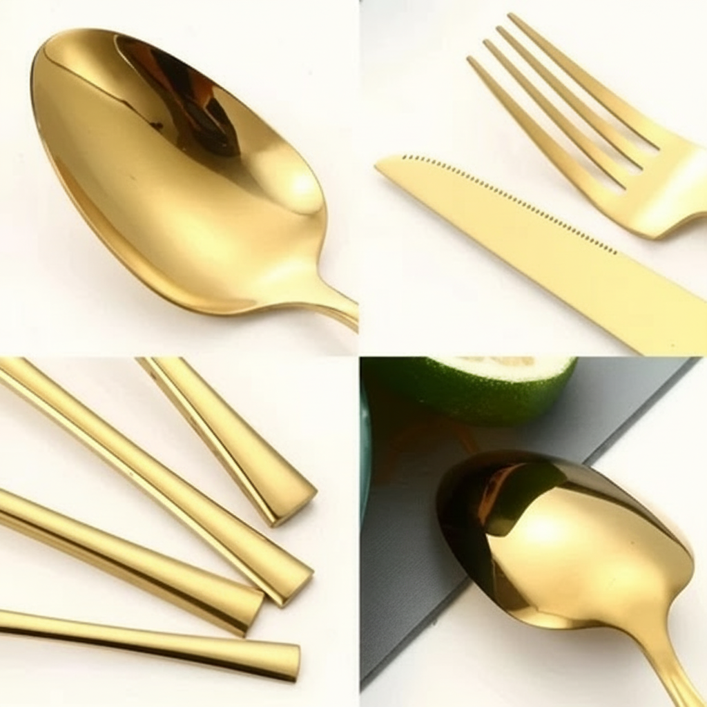 Jogo 24 Peças Talheres Dourado Aço Inox, Faca, Garfo, Colher de Mesa e Sobremesa - Entrega Grátis