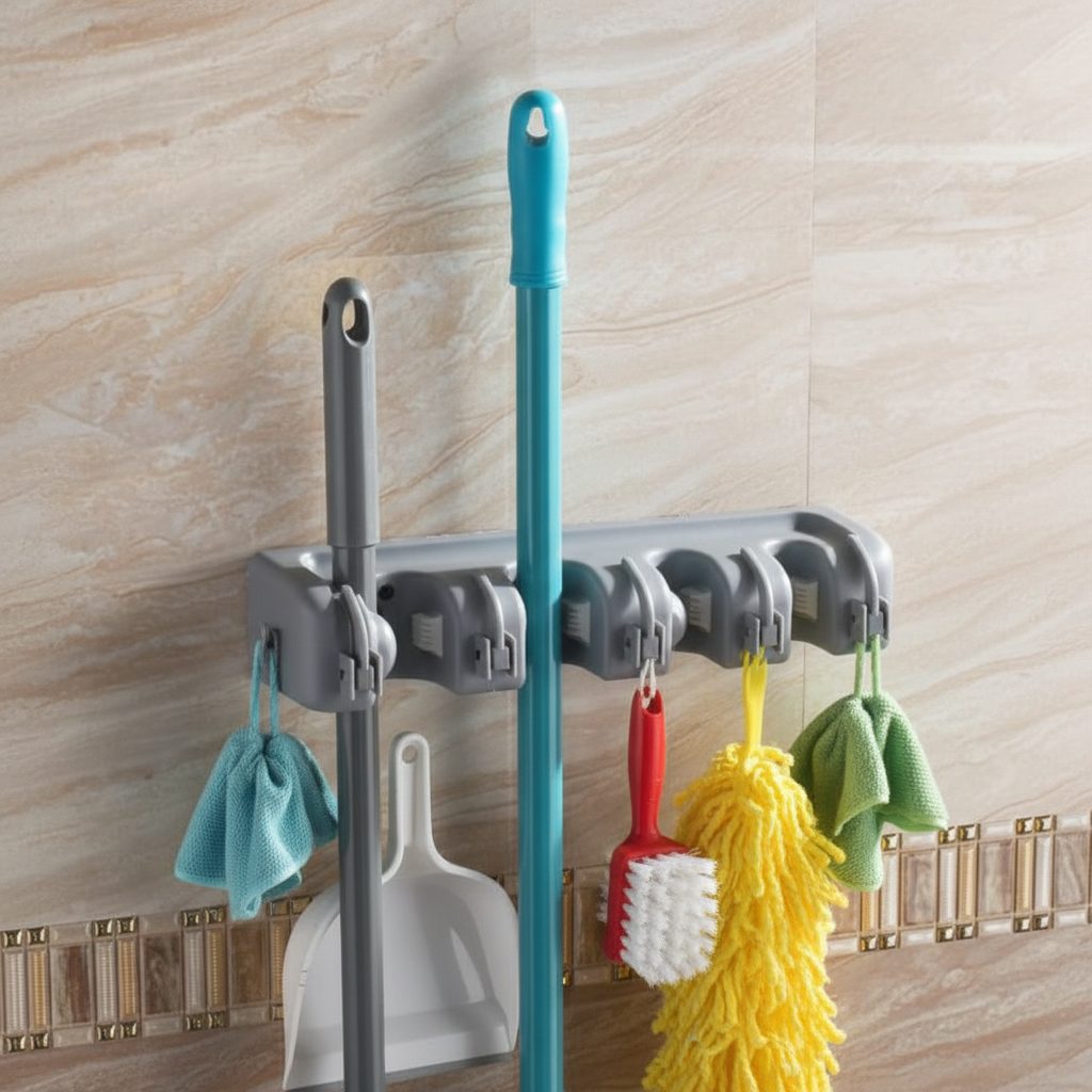 CleanHold — Organizador de Parede com 5 Lugares para Vassouras e Rodos com 6 Ganchos Adicionais - Entrega Grátis