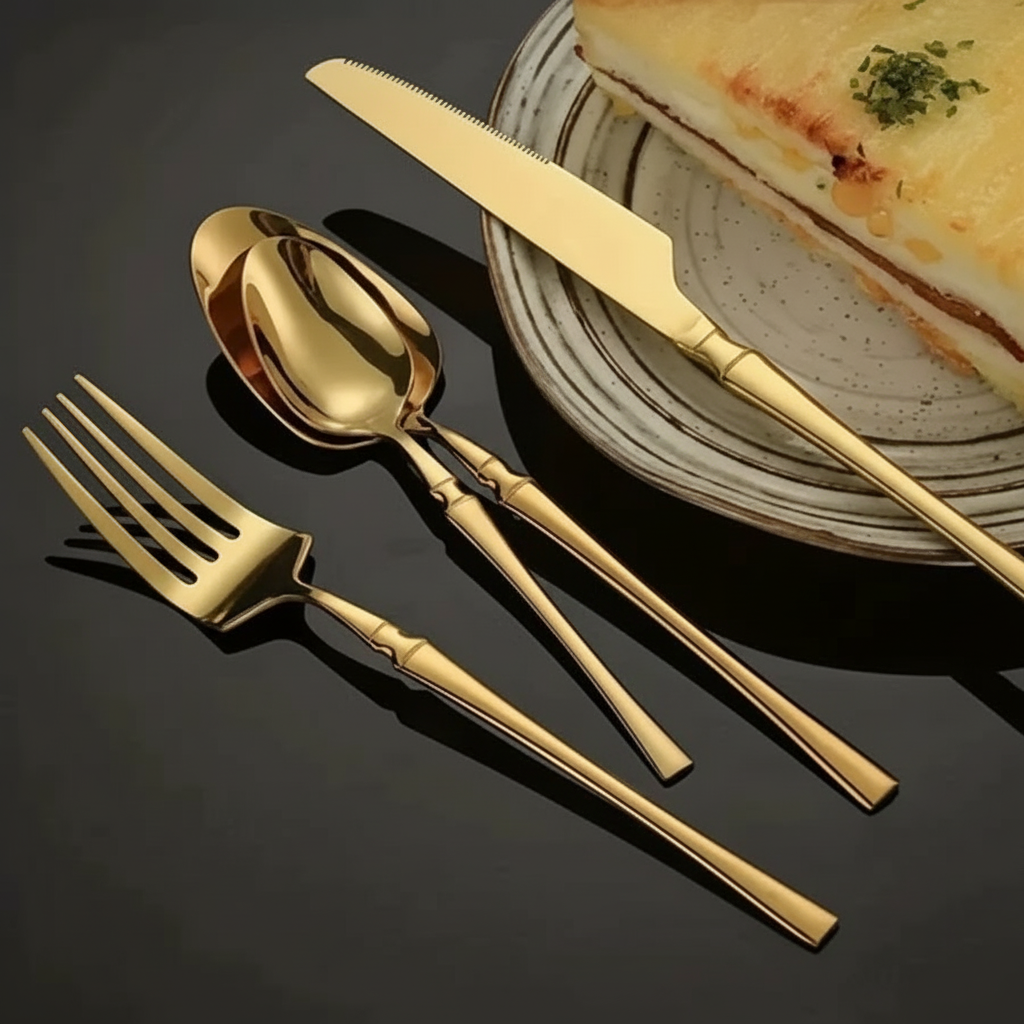 Jogo 24 Peças Talheres Dourado Aço Inox, Faca, Garfo, Colher de Mesa e Sobremesa - Entrega Grátis