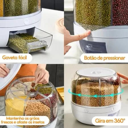 PraticFlex - Dispenser Giratório Inteligente de Grãos e Cereais 6 Divisões - Entrega Grátis