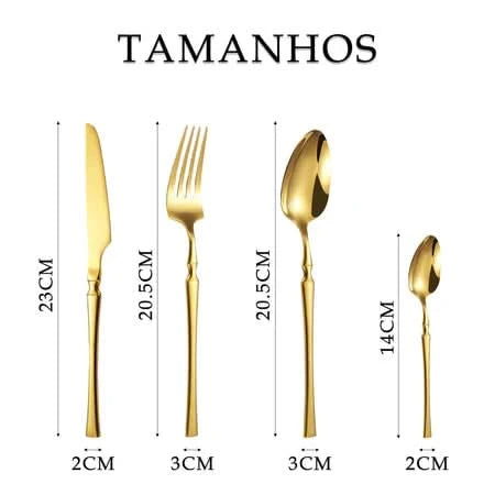 Jogo 24 Peças Talheres Dourado Aço Inox, Faca, Garfo, Colher de Mesa e Sobremesa - Entrega Grátis
